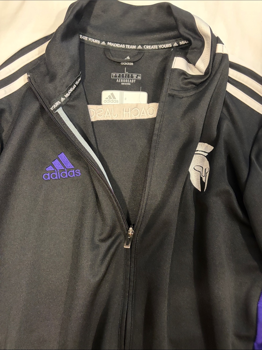 adidas Black Track Jacket with Purple Logo and White Stripes